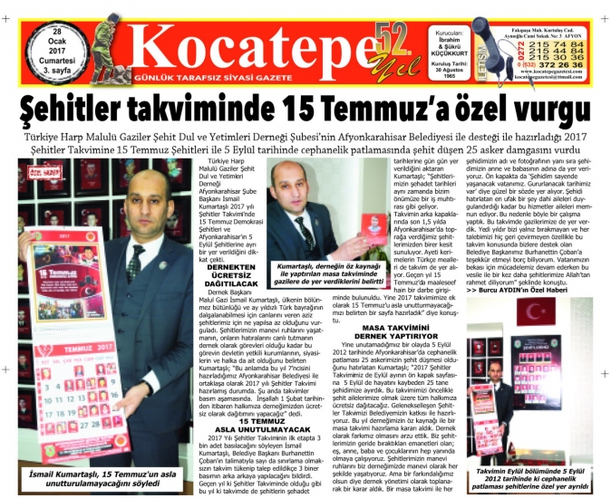 ŞEHİTLER TAKVİMİNDE 15 TEMMUZ’A ÖZEL VURGU                  