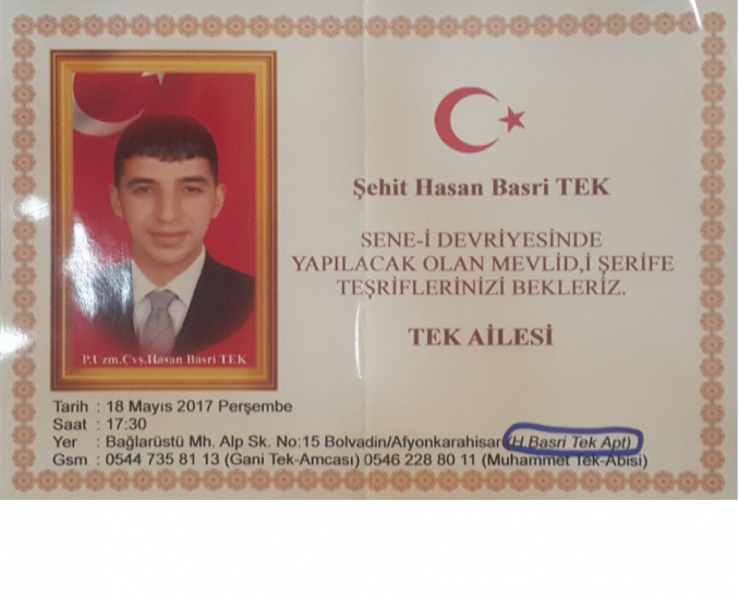 ŞEHİDİMİZ P.UZM.ÇVŞ.HASAN BASRİ TEK DUALAR İLE ANILACAK                  