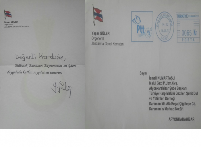 BAŞKAN KUMARTAŞLI VE DERNEĞİMİZE JANDARMA GENEL KOMUTANI ORG.YAŞAR GÜLERDEN TEBRİK                  