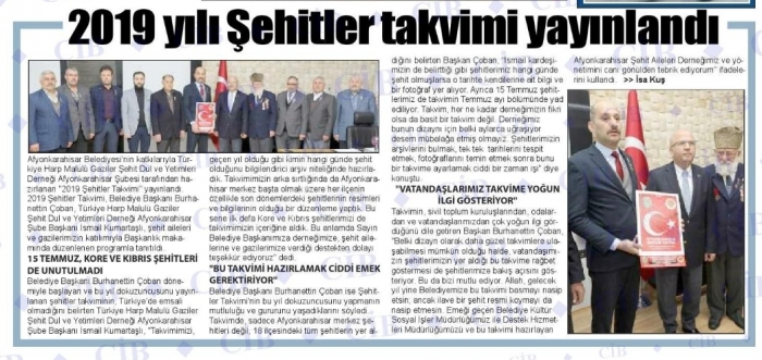 2019 YILI ŞEHİTLER TAKVİMİ YAYINLANDI BAŞKAN ÇOBAN’A TEŞEKKÜR                  