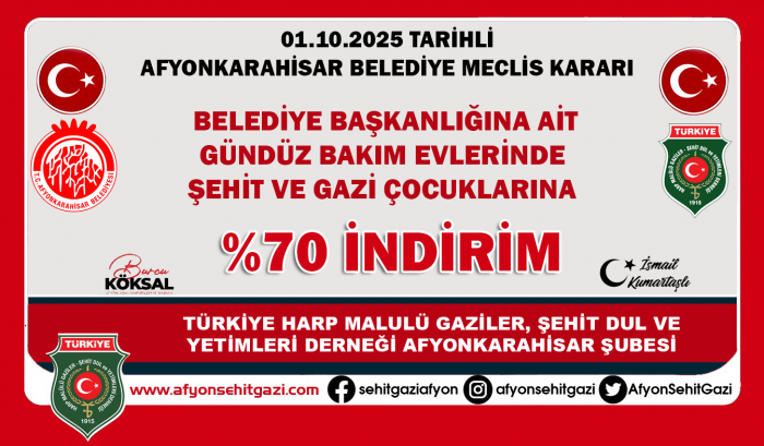  BELEDİYE BAŞKANLIĞINA AİT  GÜNDÜZ BAKIM EVLERİNDE  ŞEHİT VE GAZİ ÇOCUKLARINA  %70 İNDİRİM                  